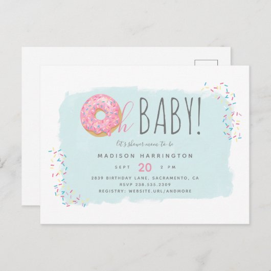 甘いピンクのドーナツ振りモダン掛けOh赤ちゃんシャワー インビテーションポストカード (正面/裏面)