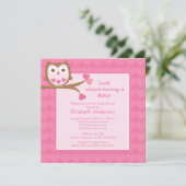 甘いピンクのハートフクロウベビーシャワー 招待状 (スタンド正面)