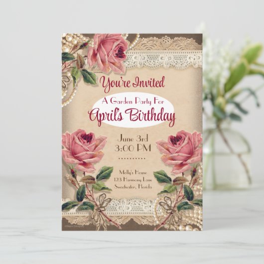 甘いピンクのバラのガーデンパーティー招待状 2 招待状 (スタンド正面)