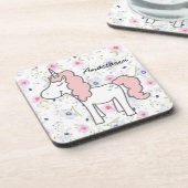 甘いピンクのユニコーン，花とあなたの名前 コースター (左側)