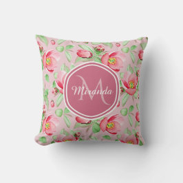 甘いピンクのリンゴの花のフローラとモノグラム クッション
