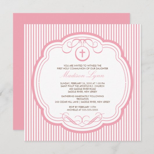 甘いピンクの十字の女の子の聖餐の招待状 招待状 (正面/裏面)