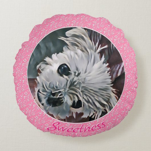 甘いピンクの子犬のテンプレート ラウンドクッション (正面)
