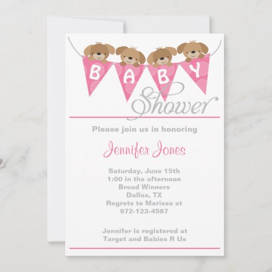 甘いピンクの子犬のベビーシャワー招待状 招待状 (正面)