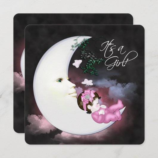 甘いピンクの月の赤ちゃんシャワー 招待状 (正面/裏面)