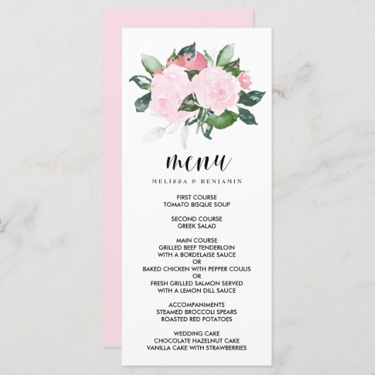 甘いピンクの水の色のバラ結婚ズメニュー メニュー (正面/裏面)