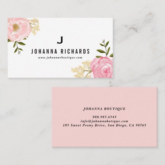 甘いピンクの水の色の牡丹フローラモノグラム 名刺 (正面/裏面)