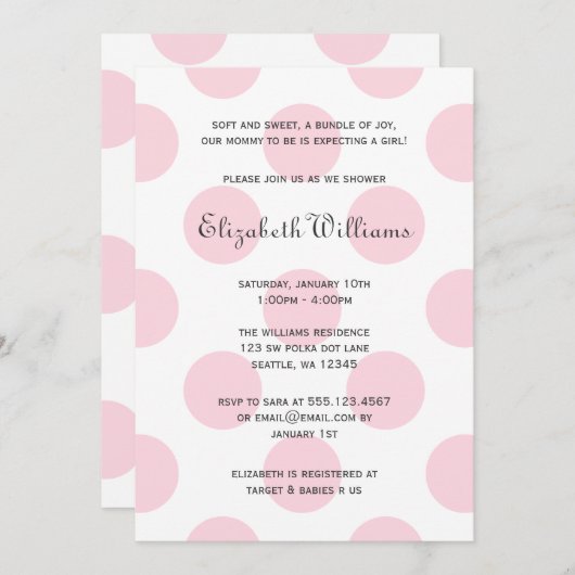甘いピンクの水玉模様の女の赤ちゃんのシャワーの招待状 招待状 (正面/裏面)