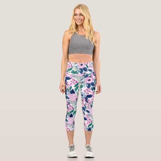 甘いピンクの海軍の花の水色パターン カプリレギンス (正面)