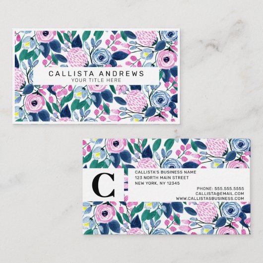 甘いピンクの海軍の花の水色パターン 名刺 (正面/裏面)