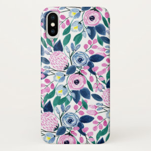 甘いピンクの海軍の花の水色パターン iPhone X ケース
