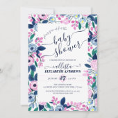 甘いピンクの海軍の花の水色ベビーシャワー 招待状 (正面)