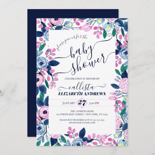 甘いピンクの海軍の花の水色ベビーシャワー 招待状 (正面/裏面)