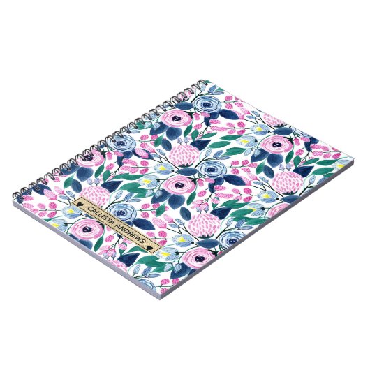 甘いピンクの海軍の花の水色金ゴールドモノグラム ノートブック (左側)