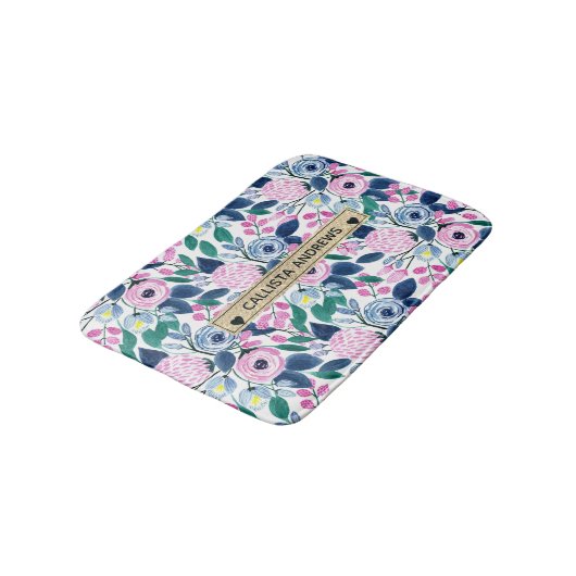 甘いピンクの海軍の花の水色金ゴールドモノグラム バスマット (アングル)