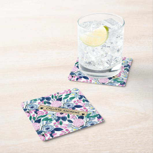 甘いピンクの海軍の花の水色金ゴールドモノグラム ペーパーコースター (インサイチュ)