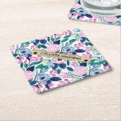 甘いピンクの海軍の花の水色金ゴールドモノグラム ペーパーコースター (アングル)