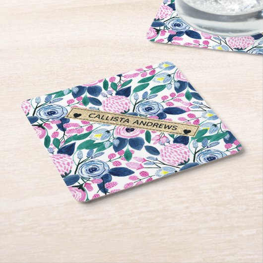 甘いピンクの海軍の花の水色金ゴールドモノグラム ペーパーコースター (アングル)