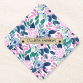 甘いピンクの海軍の花の水色金ゴールドモノグラム ペーパーコースター (正面)