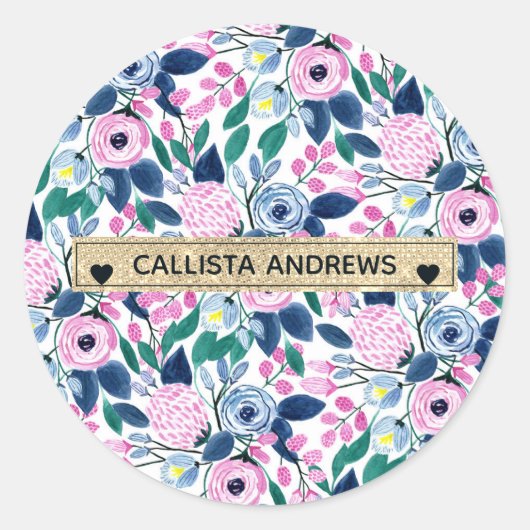 甘いピンクの海軍の花の水色金ゴールドモノグラム ラウンドシール (正面)