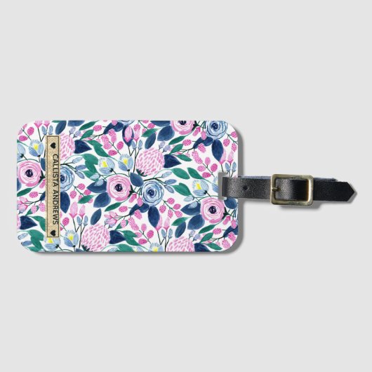 甘いピンクの海軍の花の水色金ゴールドモノグラム ラゲッジタグ (正面横)