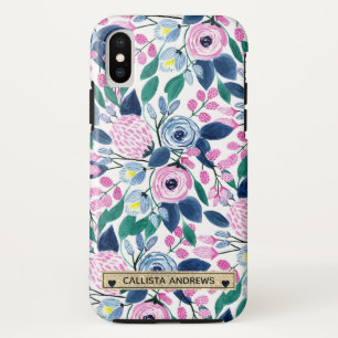 甘いピンクの海軍の花の水色金ゴールドモノグラム iPhone X ケース
