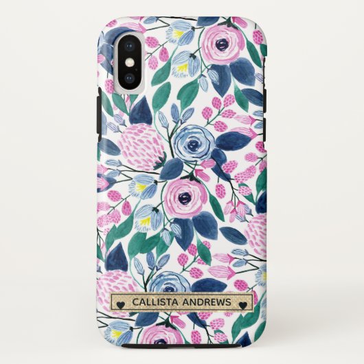 甘いピンクの海軍の花の水色金ゴールドモノグラム Case-Mate iPhoneケース (裏面)