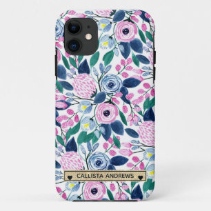 甘いピンクの海軍の花の水色金ゴールドモノグラム iPhone 11 ケース