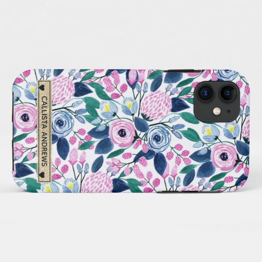 甘いピンクの海軍の花の水色金ゴールドモノグラム Case-Mate iPhoneケース (裏面(横))