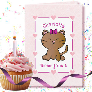 甘いピンクの猫マンガかわいい子猫誕生日 カード