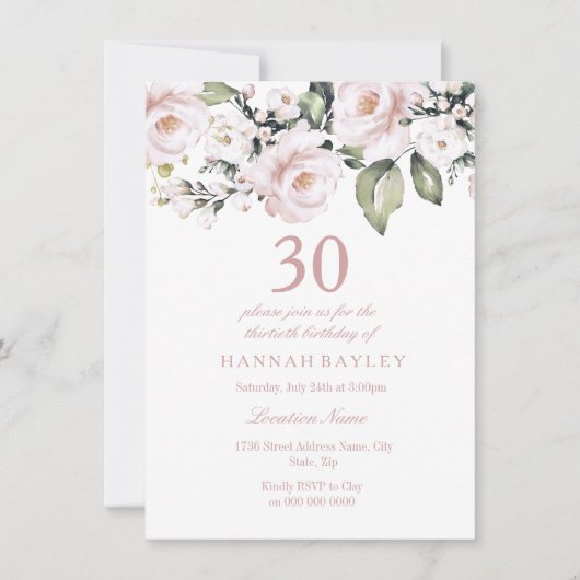 甘いピンクの白いバラモダンス30th誕生日 招待状 (正面)