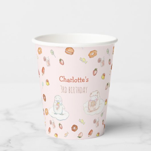 甘いピンクの羊のデザートの水の色の子供の誕生日 紙コップ (正面)