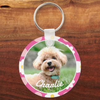 甘いピンクの花のパターパーソナライズされたンのペットの写真 キーホルダー