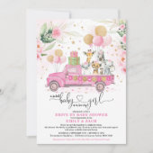 甘いピンクの金ゴールドサファリ動物のドライブバイベビーシャワー 招待状 (正面)