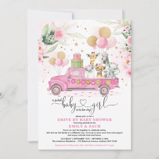 甘いピンクの金ゴールドサファリ動物のドライブバイベビーシャワー 招待状 (正面)