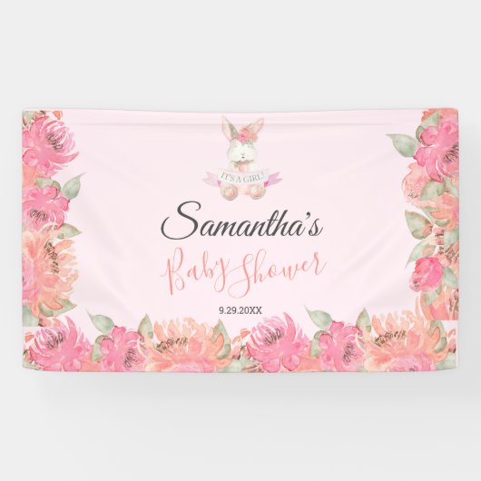 甘いピンクバニーBoho水の色の女の子ベビーシャワー 横断幕 (横)