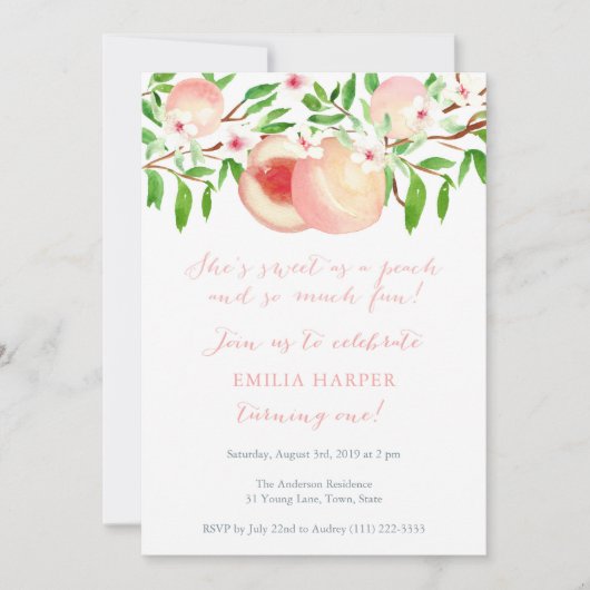 甘いピーチと多くのおもしろい1st誕生日パーティー 招待状 (正面)