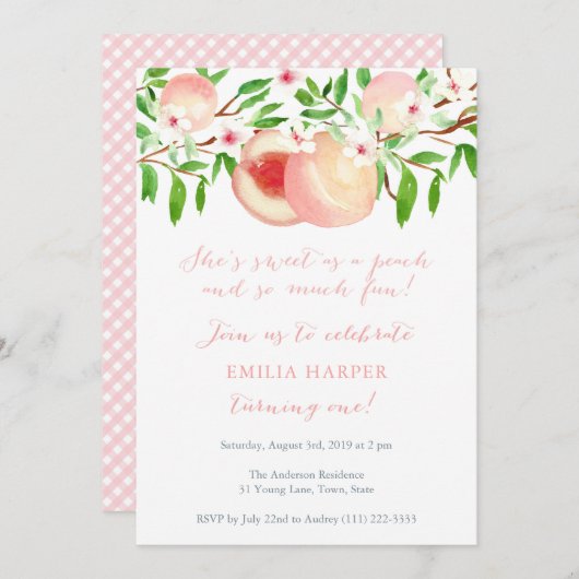 甘いピーチと多くのおもしろい1st誕生日パーティー 招待状 (正面/裏面)