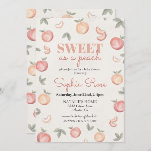 甘いピーチのベイビーシャワー招待状 招待状 (正面/裏面)