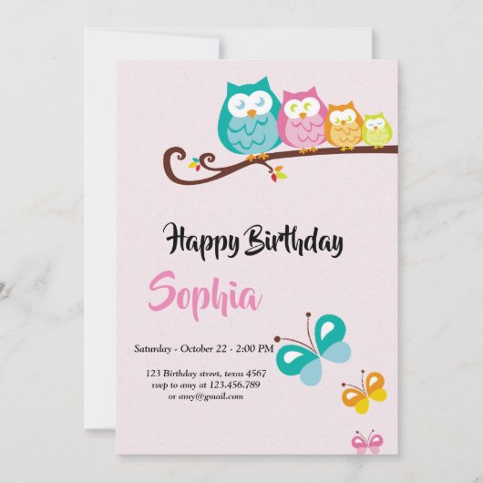 甘いフクロウと蝶の誕生日カード 招待状 (正面)