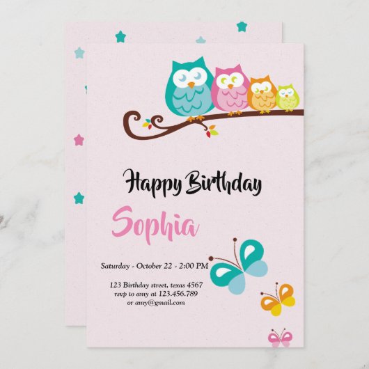 甘いフクロウと蝶の誕生日カード 招待状 (正面/裏面)