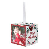 甘いフローラリースベビーの初めてのクリスマス写真 キューブオーナメント (裏面アングル)