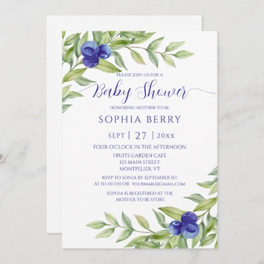 甘いブルーベリーエレガントの赤ちゃんシャワー 招待状 (正面/裏面)