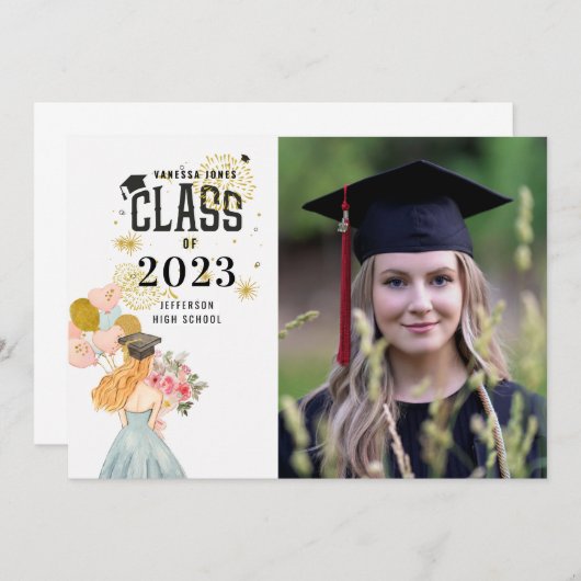 甘いブロンド女の子の水色卒業ナプキンス 招待状 (正面/裏面)