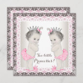 甘いプリンセスツインピンクと茶色の赤ちゃんシャワー 招待状 (正面/裏面)