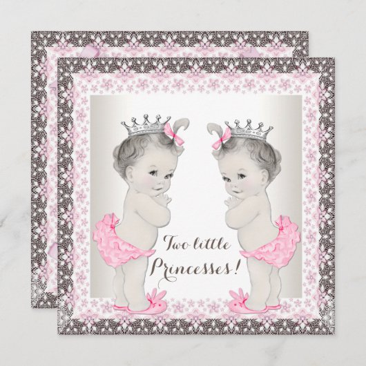 甘いプリンセスツインピンクと茶色の赤ちゃんシャワー 招待状 (正面/裏面)