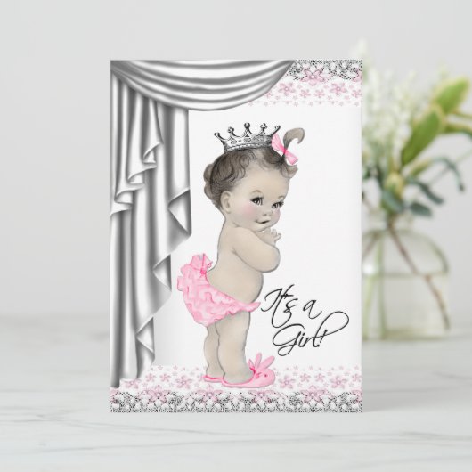 甘いプリンセスピンクとグレーのベビーガールシャワー 招待状 (スタンド正面)