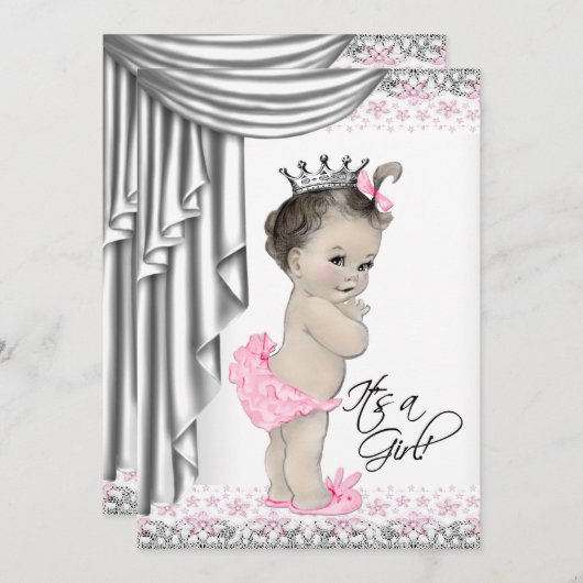 甘いプリンセスピンクとグレーのベビーガールシャワー 招待状 (正面/裏面)