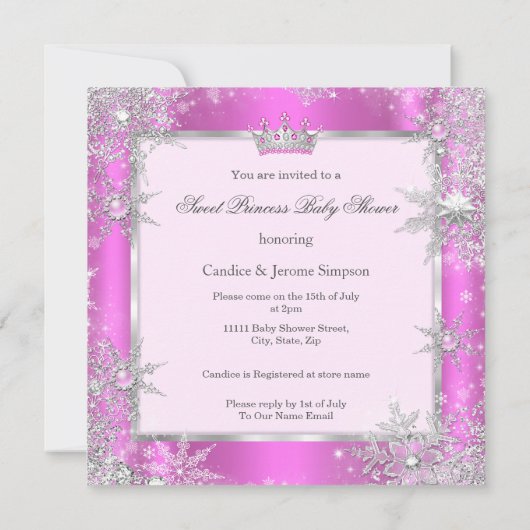 甘いプリンセスベビーシャワースノーフレークピンクエスニック 招待状 (裏面)