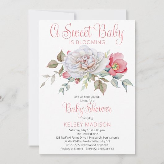 甘いベビーがピンクの女の子の赤ちゃんシャワーを咲いている 招待状 (正面)
